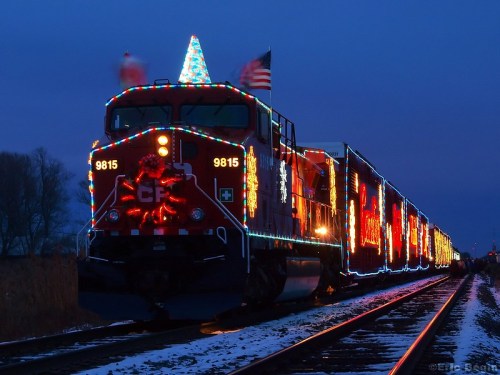 A brightly lit train decorated with holiday lights and a tree on top, traveling along tracks at dusk.