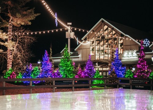 A festive scene featuring a building adorned with lights and colorful trees, creating a cheerful holiday atmosphere.