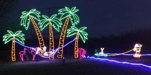 Colorful neon holiday lights depicting palm trees, flamingos, and a Santa figure with a kayak, set against a night sky.