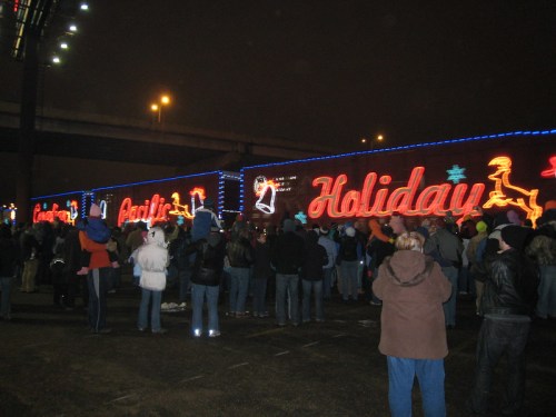 Crowd gathered to view colorful holiday lights on a large display, with festive decorations and a nighttime backdrop.