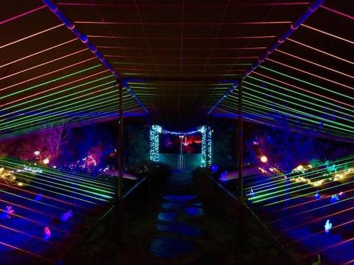 A vibrant display of colorful laser lights illuminating a pathway at night, creating a festive atmosphere.