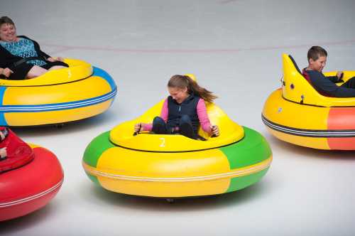 A group of people enjoying bumper cars on ice, with colorful vehicles in a fun, playful setting.