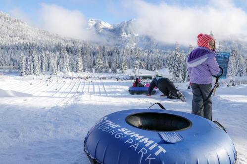 A snowy landscape with people tubing and a child reading a sign at a winter park. Mountains in the background.