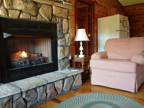 Cozy living room with a stone fireplace, a checkered armchair, a lamp, and a wooden floor. Warm and inviting atmosphere.