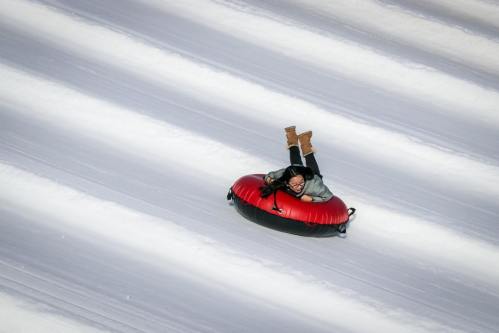 A person in a red snow tube slides down a snowy slope, enjoying a winter day.
