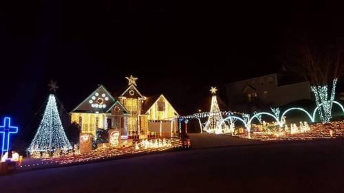 A beautifully decorated house with colorful Christmas lights, featuring trees and festive displays in a nighttime setting.