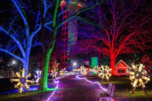 Colorful holiday lights illuminate trees and pathways in a festive outdoor display at night.