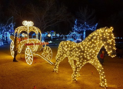 A glowing horse and carriage made of lights, with a child and an adult nearby, set in a festive, illuminated park.