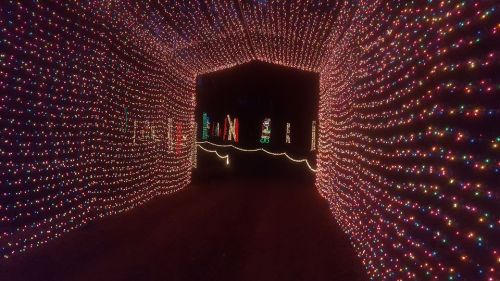 A colorful tunnel of twinkling lights leading into a dark space, with festive decorations visible in the background.