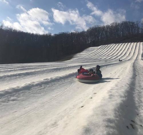 A snowy hill with people sledding down on inflatable tubes under a blue sky with scattered clouds.