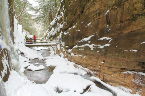A snowy canyon with a stream and a wooden bridge, surrounded by tall rock walls and evergreen trees.