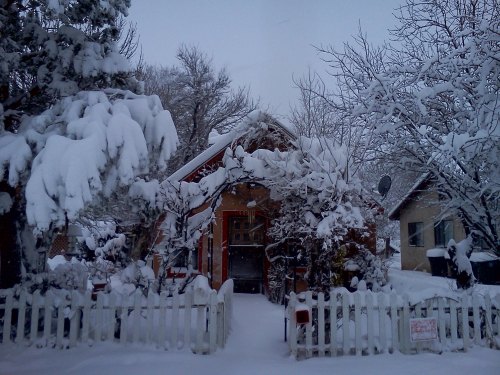 A cozy house covered in snow, surrounded by trees and a white picket fence, creating a winter wonderland scene.