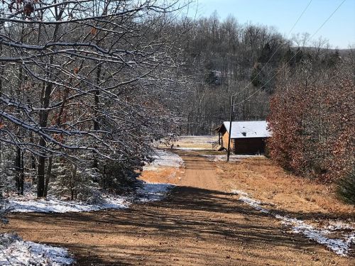 A snowy dirt road leads to a small cabin, surrounded by trees and a winter landscape.