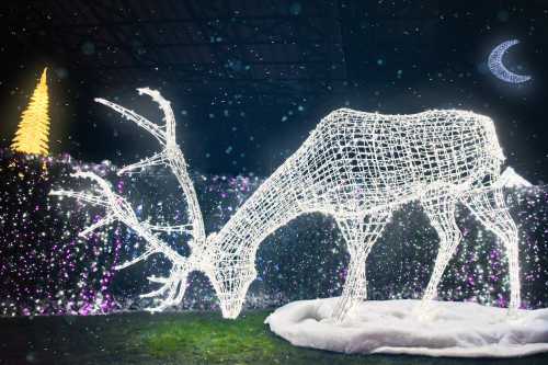 A glowing wireframe reindeer surrounded by colorful lights and snow, with a tree and crescent moon in the background.