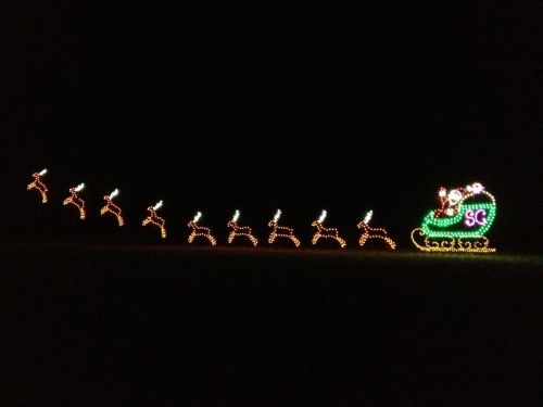 Colorful holiday lights depicting Santa in a sleigh pulled by reindeer against a dark night sky.