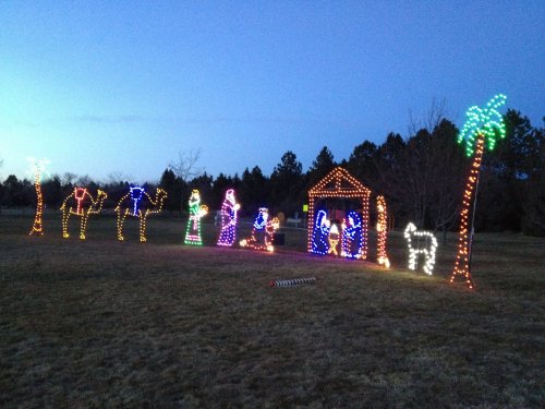 A festive display of colorful Christmas lights depicting a nativity scene with palm trees in a grassy field at dusk.