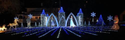 A festive display featuring illuminated arches, snowflakes, and holiday figures, all aglow in blue and white lights.