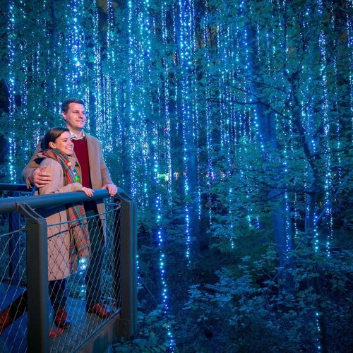 A couple stands on a balcony surrounded by blue hanging lights, smiling and enjoying the festive atmosphere.