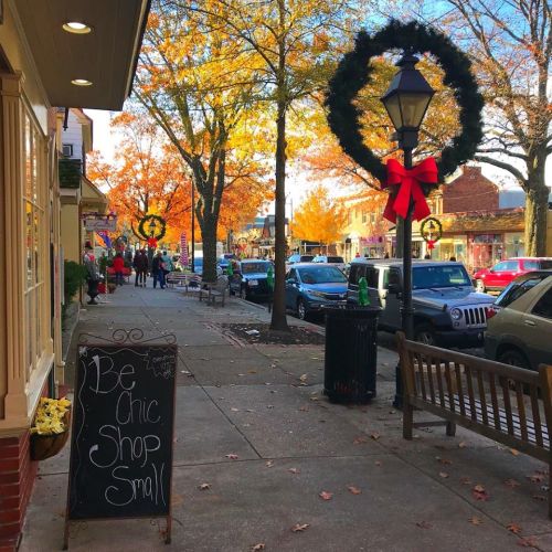 A charming street scene with autumn trees, festive decorations, and a sign promoting small businesses.