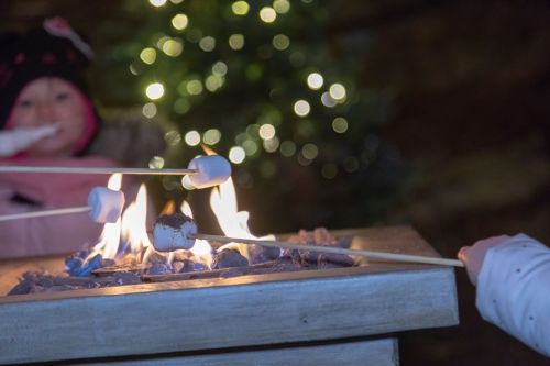 A child roasts marshmallows over a fire pit, with a blurred background of festive lights.
