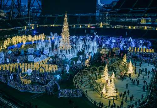 Aerial view of a festive light display in a stadium, featuring illuminated trees and decorations in various colors.