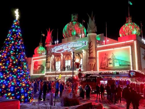Colorful lights illuminate the World's Largest Corn Palace at night, with a festive Christmas tree in the foreground.