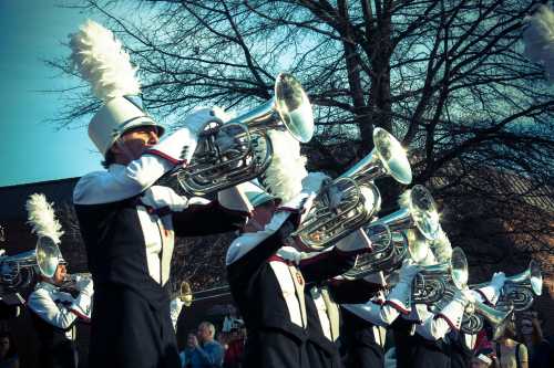 A marching band performs with tubas, wearing white plumed hats, against a backdrop of trees and spectators.