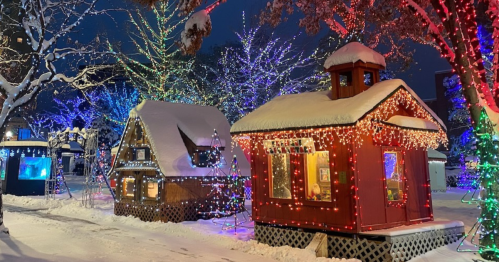 Two cozy, snow-covered cabins adorned with colorful holiday lights, surrounded by trees illuminated in festive colors.
