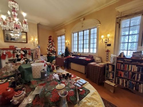 A cozy room decorated for the holidays, featuring a Christmas tree, festive table settings, and bookshelves.