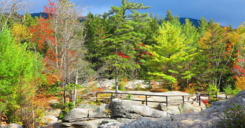 A vibrant autumn landscape with colorful trees, rocky terrain, and a wooden bridge under a partly cloudy sky.