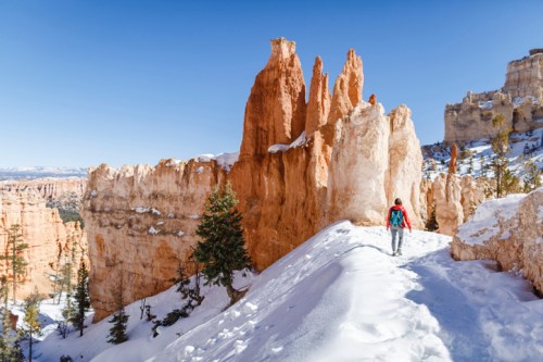 A hiker walks along a snowy path in Bryce Canyon, surrounded by towering red rock formations and pine trees.