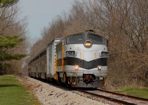 A vintage train engine numbered 4214 approaches on a gravel track, surrounded by trees and a clear sky.
