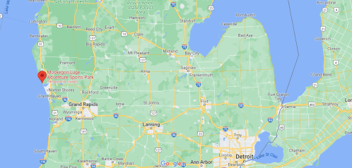 Map showing Muskegon Luge Adventure Sports Park in Michigan, with surrounding cities and landmarks.