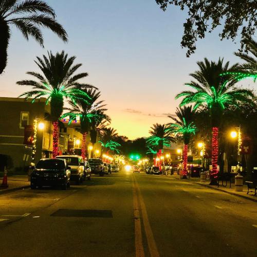 A festive street lined with palm trees adorned with green lights, illuminated by street lamps at sunset.