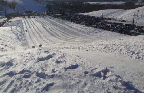 A snowy hill with sledding tracks and a parking lot filled with cars in the background.