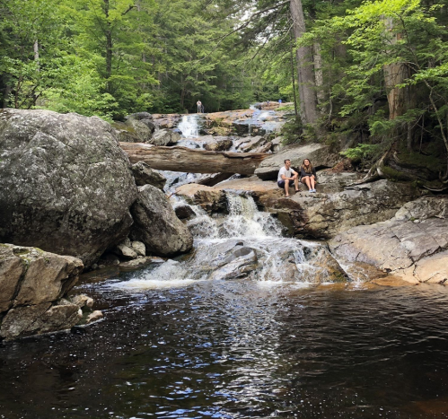 A serene forest scene with a waterfall, rocks, and two people sitting by the water, surrounded by lush greenery.