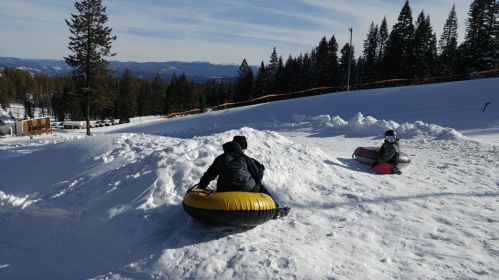 Two people sledding on snow tubes down a snowy hill, surrounded by trees and mountains in the background.