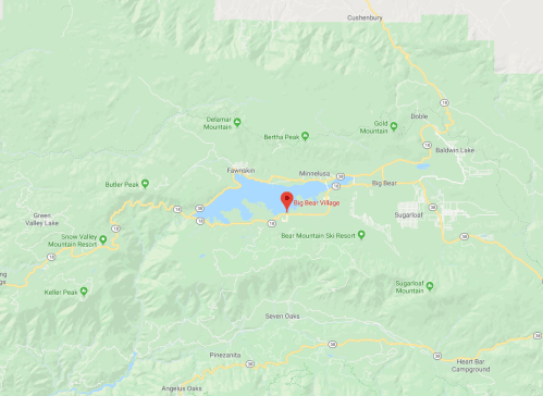 Map showing Big Bear Village located near Big Bear Lake, surrounded by mountains and forests.