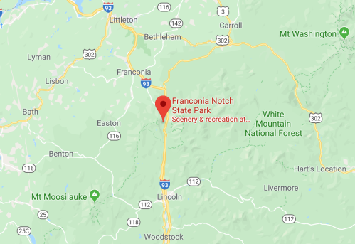 Map showing Franconia Notch State Park, located in the White Mountain National Forest, New Hampshire.