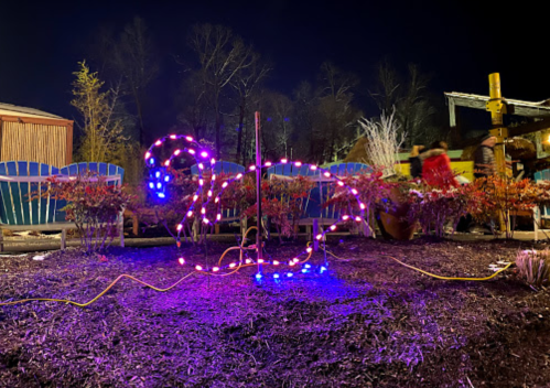 A lit-up flamingo decoration in a garden at night, surrounded by colorful plants and trees.