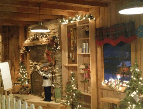 Cozy holiday scene with a stone fireplace, decorated trees, and festive lights in a rustic wooden room.