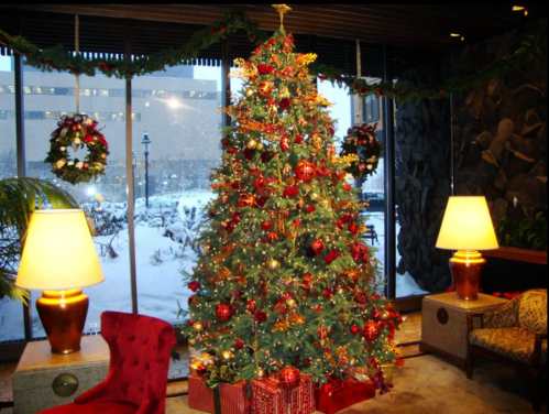 A beautifully decorated Christmas tree with ornaments and lights, surrounded by festive wreaths and a snowy view outside.