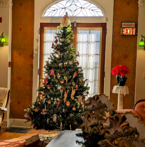 A decorated Christmas tree stands in a cozy room with warm lighting and festive decorations.