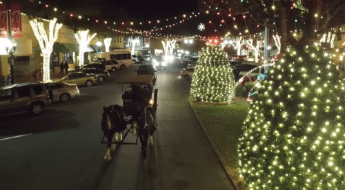 A festive street scene with a horse-drawn carriage, decorated trees, and holiday lights illuminating the area.