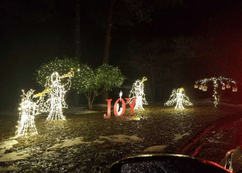 A festive display of illuminated figures playing instruments, with a large "JOY" sign, set in a dark, snowy landscape.