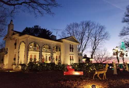 A beautifully decorated house for Christmas, featuring lights, wreaths, and festive ornaments against a twilight sky.