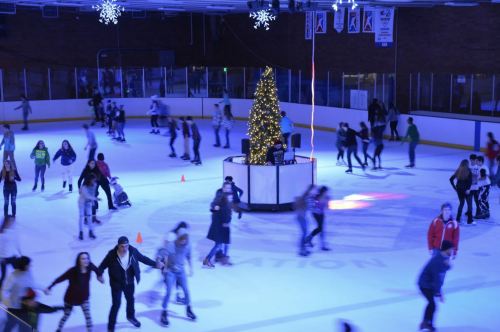 A busy ice skating rink with skaters of all ages, featuring a decorated Christmas tree in the center.