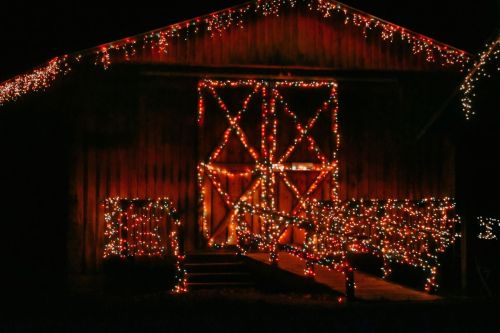 A wooden barn decorated with colorful Christmas lights, glowing warmly against the night sky.