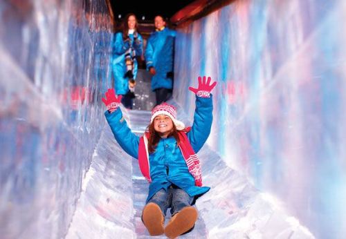 A child in winter clothing joyfully slides down an ice slide, with two adults in the background.