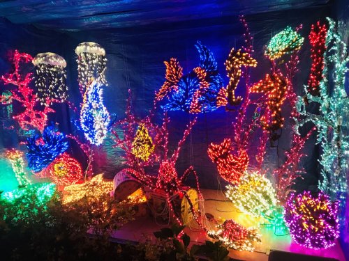 Colorful light display resembling underwater scenes with jellyfish and coral, set against a dark background.